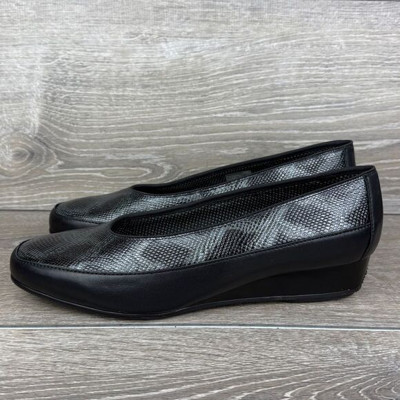 Ara Black Gray Snakeskin Print Women’s Sz 8 Leather Slip On Wedge Loafers - Picture 3 of 11